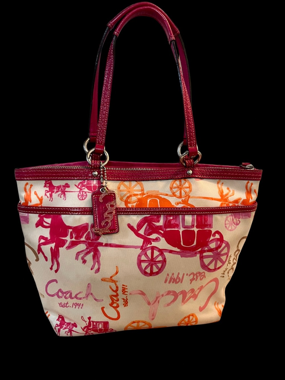 Coach Heritage Horse & Carriage Canvas Tote Bag | Pink & Orange | F14892 Rare